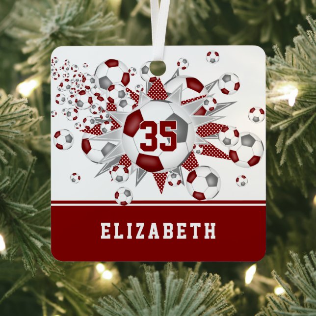 Maroon gray soccer balls stars personalized  metal ornament (Insitu)