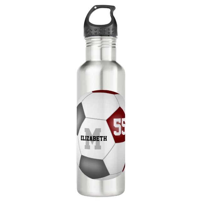 maroon gray soccer girl boy school team colors stainless steel water bottle (Front)