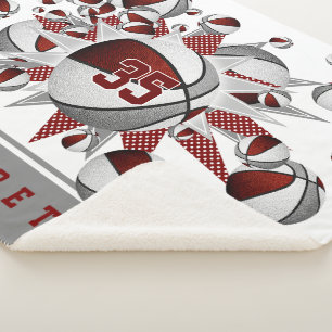 maroon gray sports decor girls basketballs stars sherpa blanket