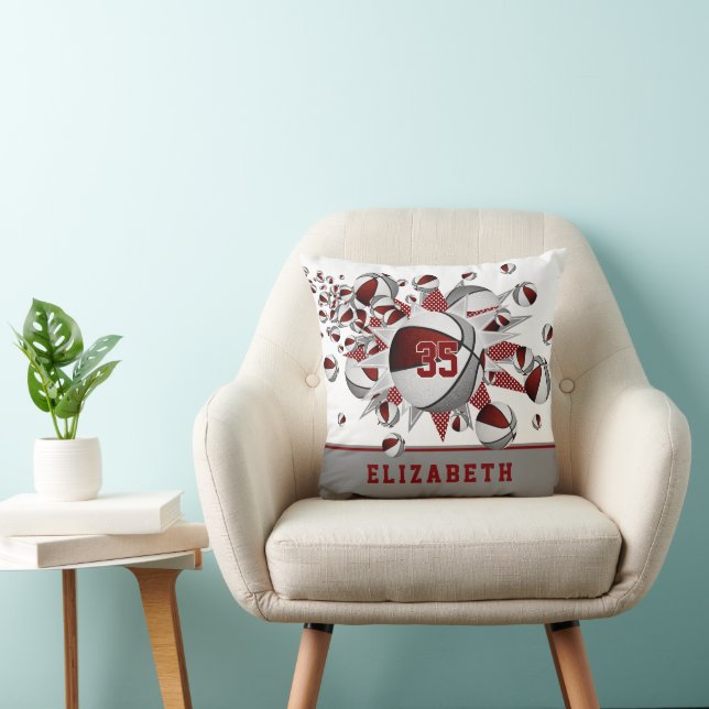 maroon gray sports room girls basketballs stars throw pillow (Chair)
