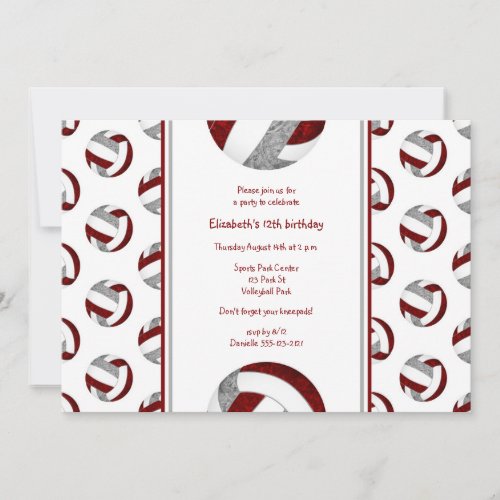 maroon gray sporty girly volleyball birthday party invitation