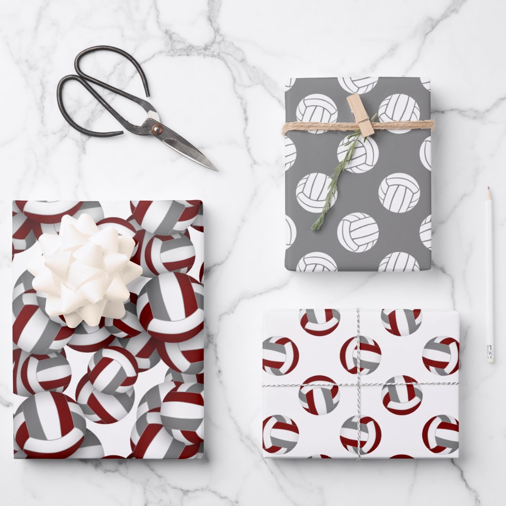 Maroon gray team colors coordinating volleyball wrapping paper sheets