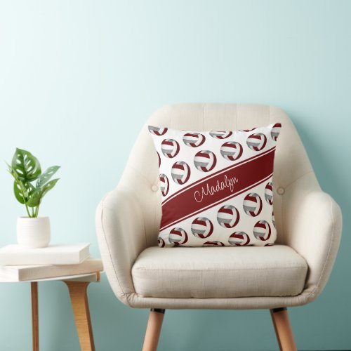 Maroon & gray girl's I LOVE VOLLEYBALL text pattern throw pillow