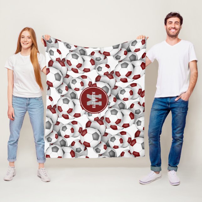 maroon gray team colors soccer balls pattern fleece blanket (In Situ)