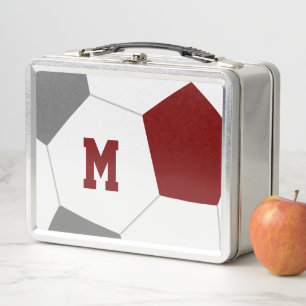 maroon gray team colors soccer player monogrammed metal lunch box