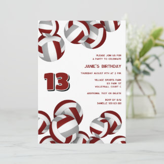 maroon gray team colors volleyballs kids birthday invitation