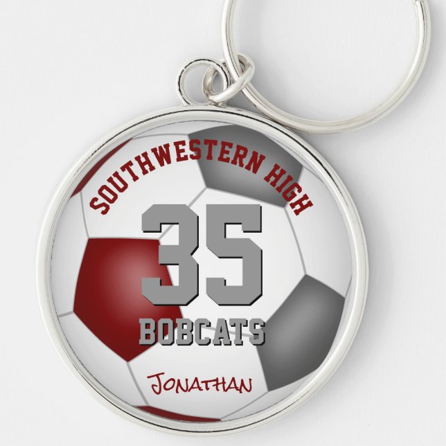 maroon gray team player name boys girls soccer keychain (Front)
