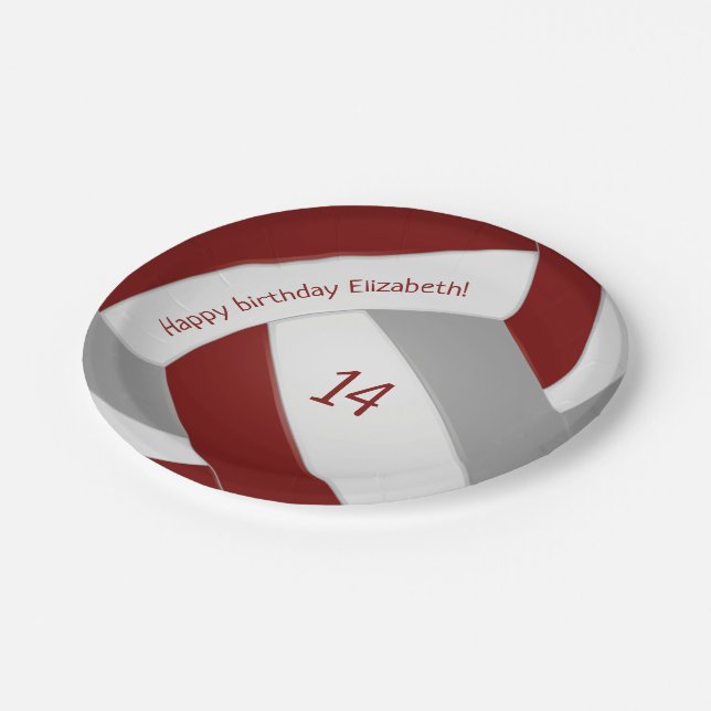 Maroon gray teen volleyball party paper plates (Angled)