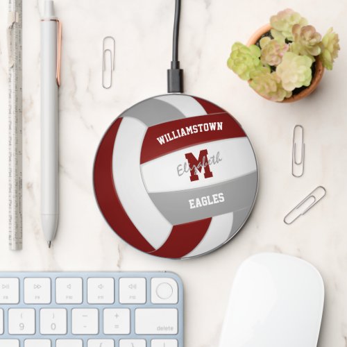 maroon gray volleyball athlete team name monogram wireless charger 