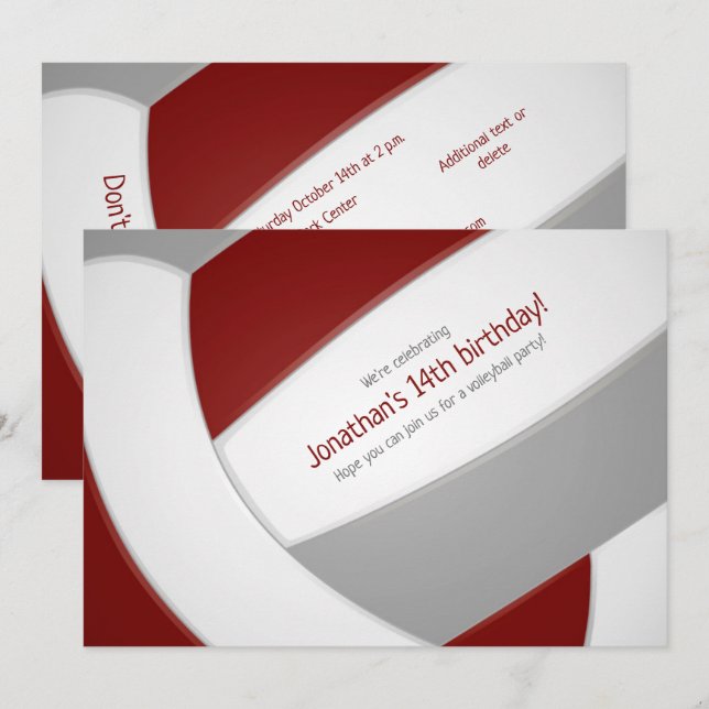 maroon gray volleyball boys girls birthday party invitation (Front/Back)