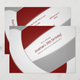 maroon gray volleyball boys girls birthday party invitation