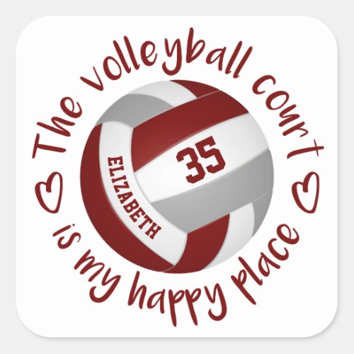 maroon gray volleyball happy place typography square sticker