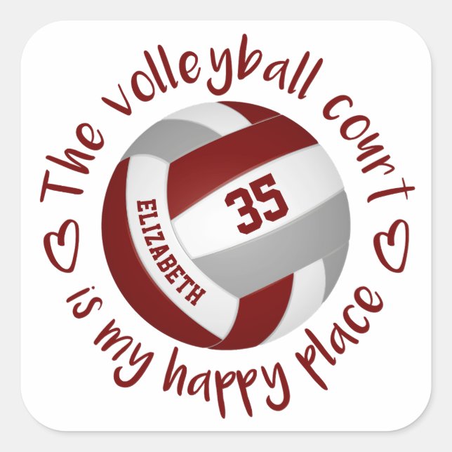 maroon gray volleyball happy place typography square sticker (Front)