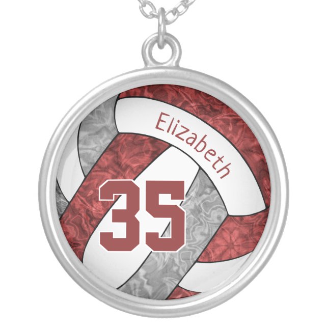 maroon gray volleyball team colors girl's name silver plated necklace (Front)