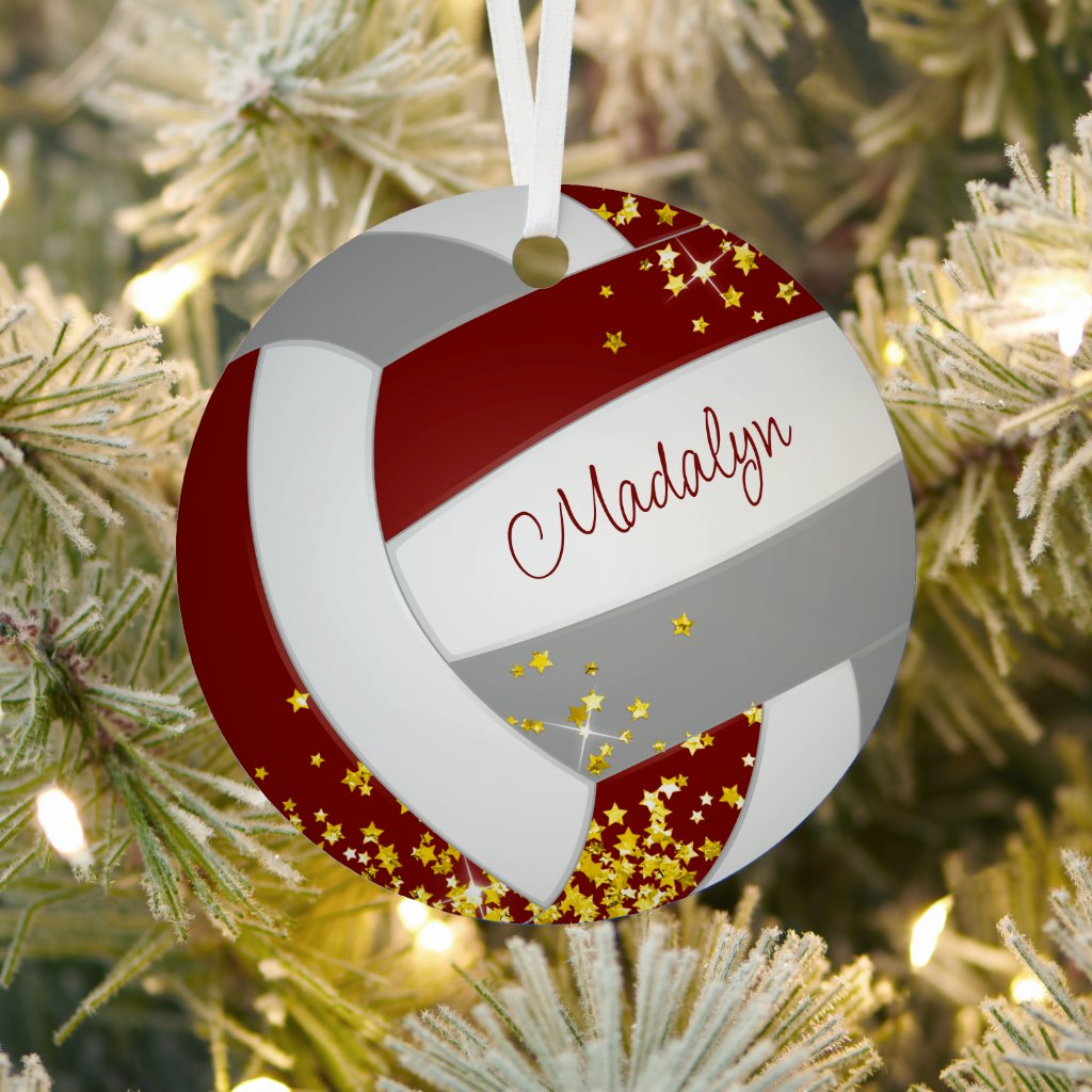 maroon gray volleyball with tiny gold stars metal ornament