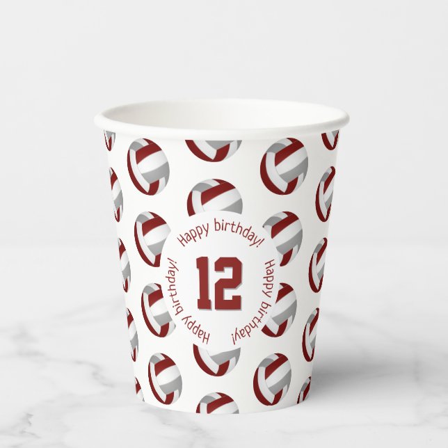 maroon gray volleyballs birthday party paper cups (Front)