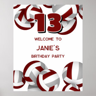 maroon gray volleyballs birthday party welcome poster