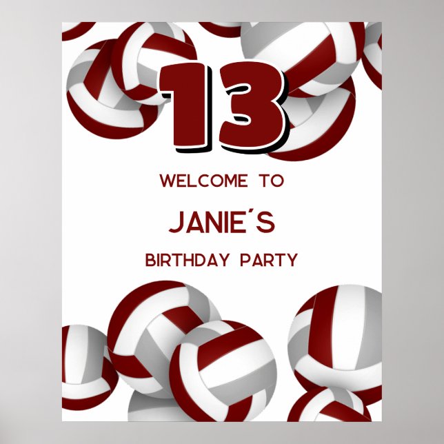 maroon gray volleyballs birthday party welcome poster (Front)