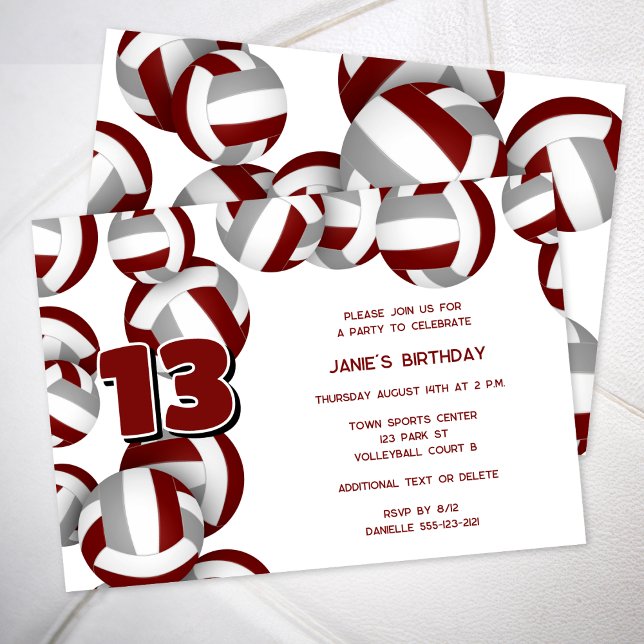 maroon gray volleyballs girls boys birthday party invitation (Creator Uploaded)