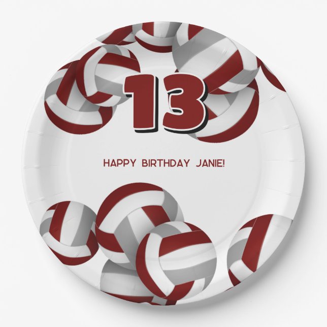 maroon gray volleyballs girls boys birthday party paper plates (Front)