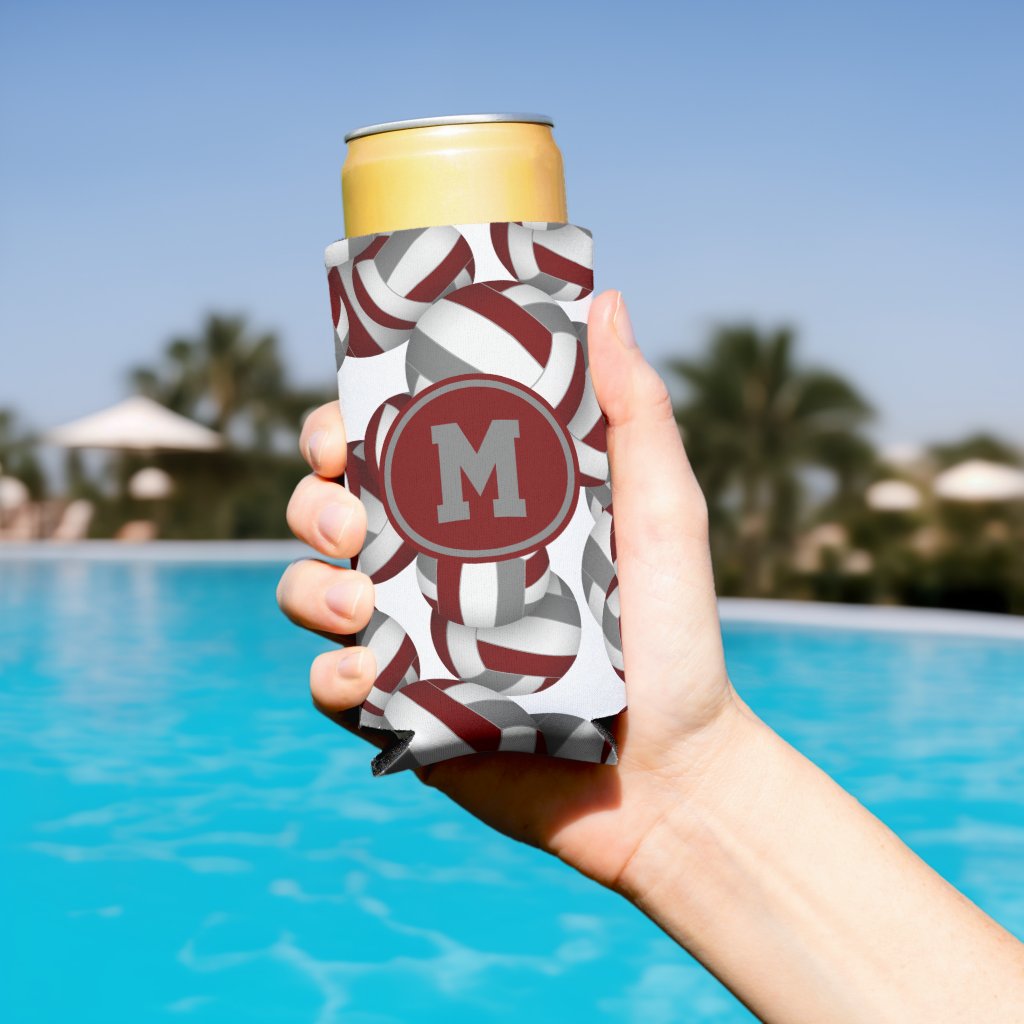 Maroon gray volleyballs pattern w player monogram seltzer can cooler