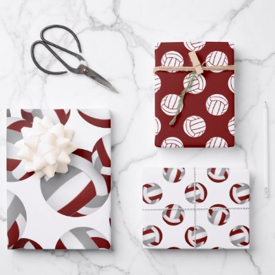 maroon gray volleyballs set of 3 coordinating wrapping paper sheets