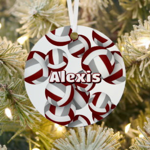 maroon gray volleyballs with athlete name keepsake metal ornament