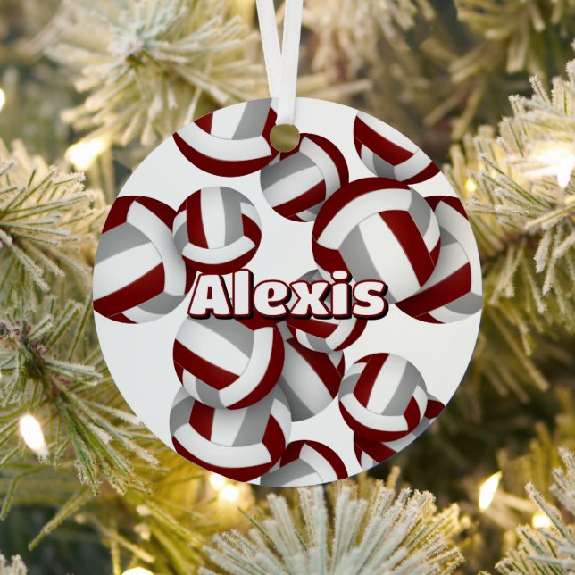 maroon gray volleyballs with athlete name keepsake metal ornament (Insitu)