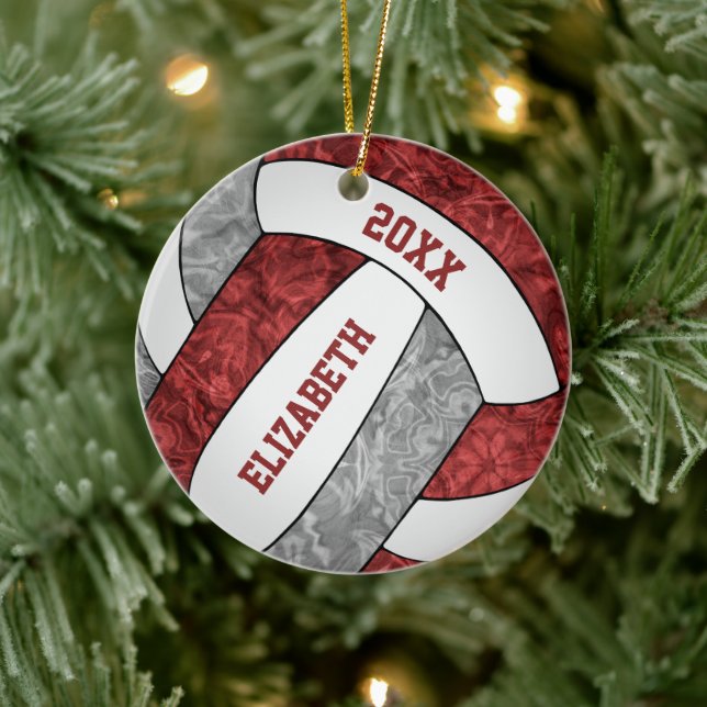 maroon gray white girly sporty keepsake volleyball ceramic ornament (Tree)