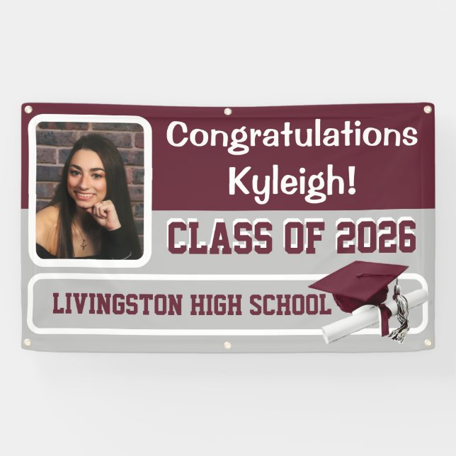 Maroon, Gray, & White Vinyl Graduation Banner (Horizontal)