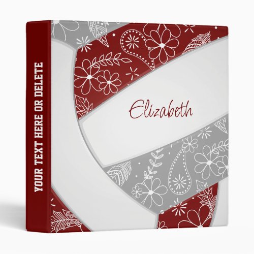 maroon gray with feathers pattern girls volleyball 3 ring binder