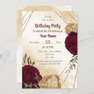 Maroon green beige gold botanical birthday invitation