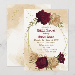 Maroon green beige gold botanical bridal shower invitation