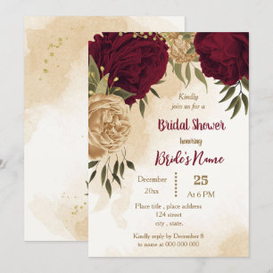 Maroon green beige gold botanical bridal shower invitation