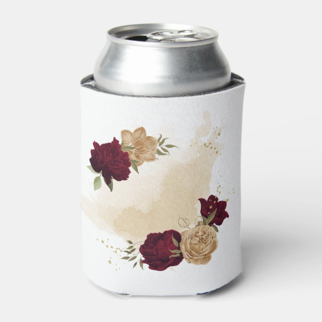 Maroon green beige gold botanical can cooler (Can Front)