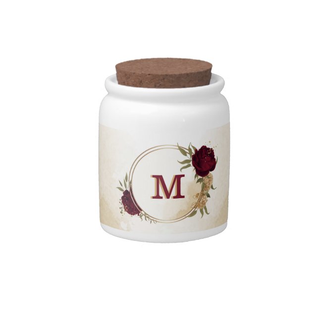 Maroon green beige gold botanical  candy jar (Front)
