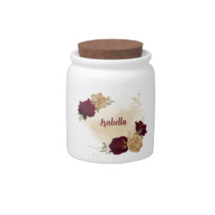 Maroon green beige gold botanical  candy jar