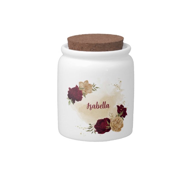 Maroon green beige gold botanical  candy jar (Front)