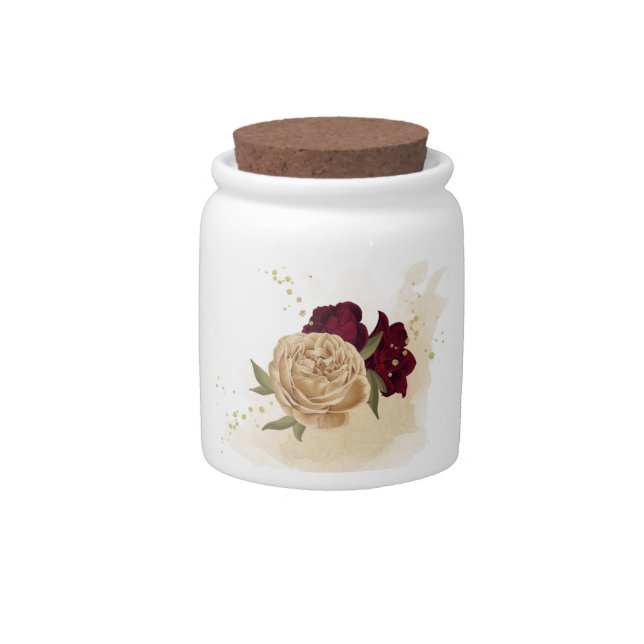 Maroon green beige gold botanical candy jar (Front)