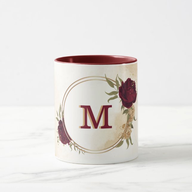 Maroon green beige gold botanical mug (Center)
