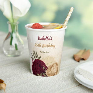 Maroon green beige gold botanical paper cups