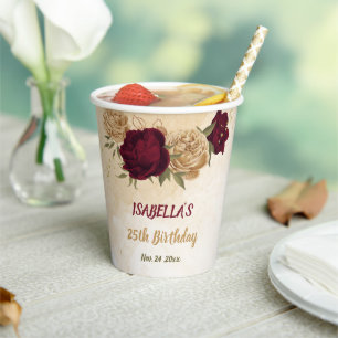 Maroon green beige gold botanical paper cups