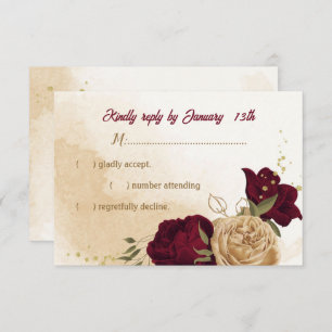 Maroon green beige gold botanical RSVP card