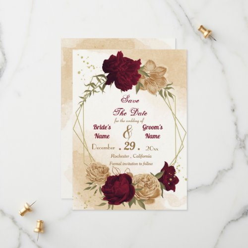 Maroon green beige gold botanical save the date