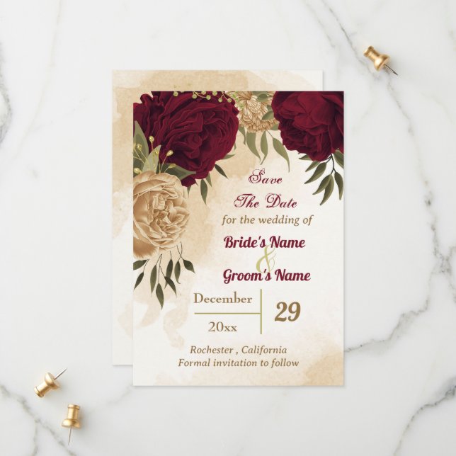 Maroon green beige gold botanical save the date (Front/Back In Situ)