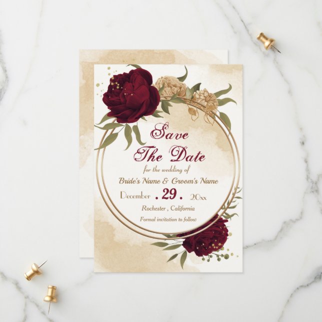 Maroon green beige gold botanical save the date (Front/Back In Situ)