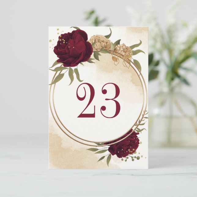 Maroon green beige gold botanical table number (Standing Front)