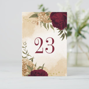 Maroon green beige gold botanical table number