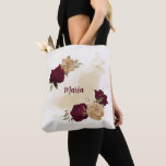 Maroon green beige gold botanical tote bag<br><div class="desc">Beautiful tote bag featuring maroon and beige gold flowers with green leaves . 
FOR MORE MATCHING PRODUCTS click on the collection above or contact me</div>