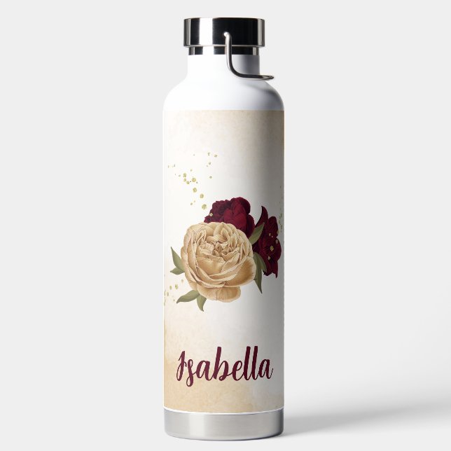 Maroon green beige gold botanical water bottle (Left)